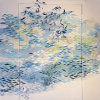 Haringschool (2023) wandschildering met papierstructuren, 125 x 125 x 15 cm (Galerie Posthuys Texel)